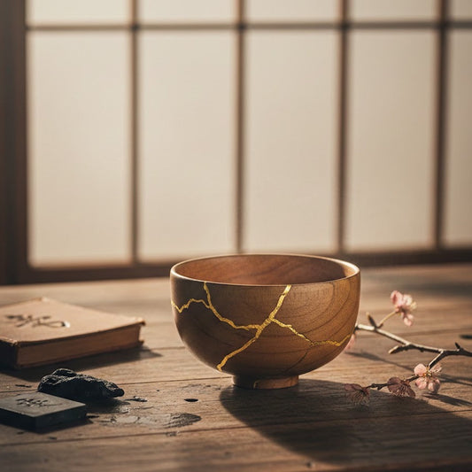 "Cuenco japonés con técnica Kintsugi sobre mesa de madera antigua, representando la filosofía Wabi-sabi."