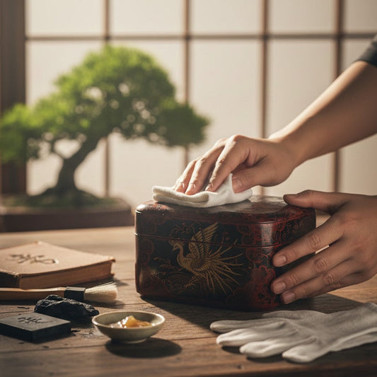 "Persona realizando una limpieza delicada a una caja de laca japonesa antigua con un paño suave, rodeada de herramientas de conservación y un bonsái al fondo."