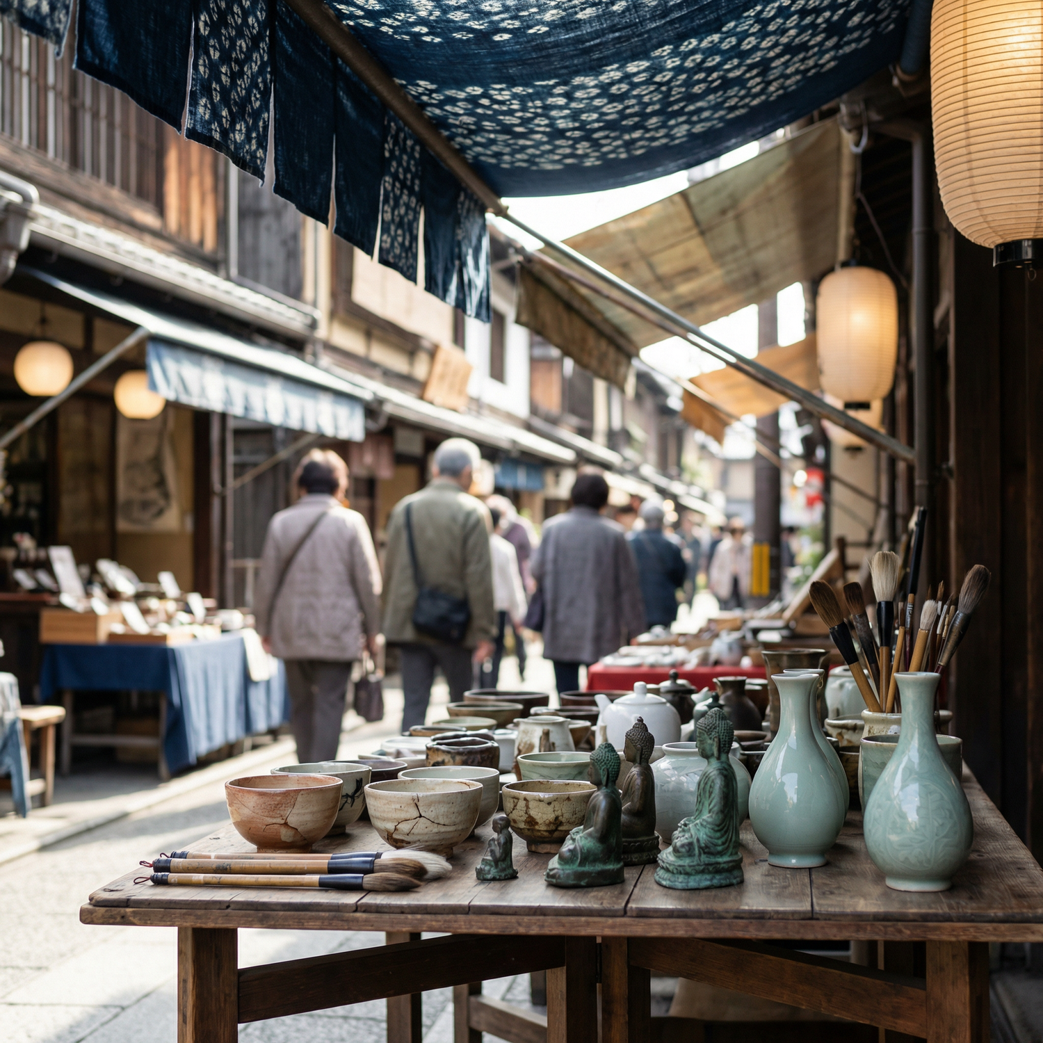"Mesa de madera en un mercadillo de antigüedades en Japón con cuencos de cerámica artesanal, estatuas de buda de bronce y teteras antiguas bajo una luz natural suave."