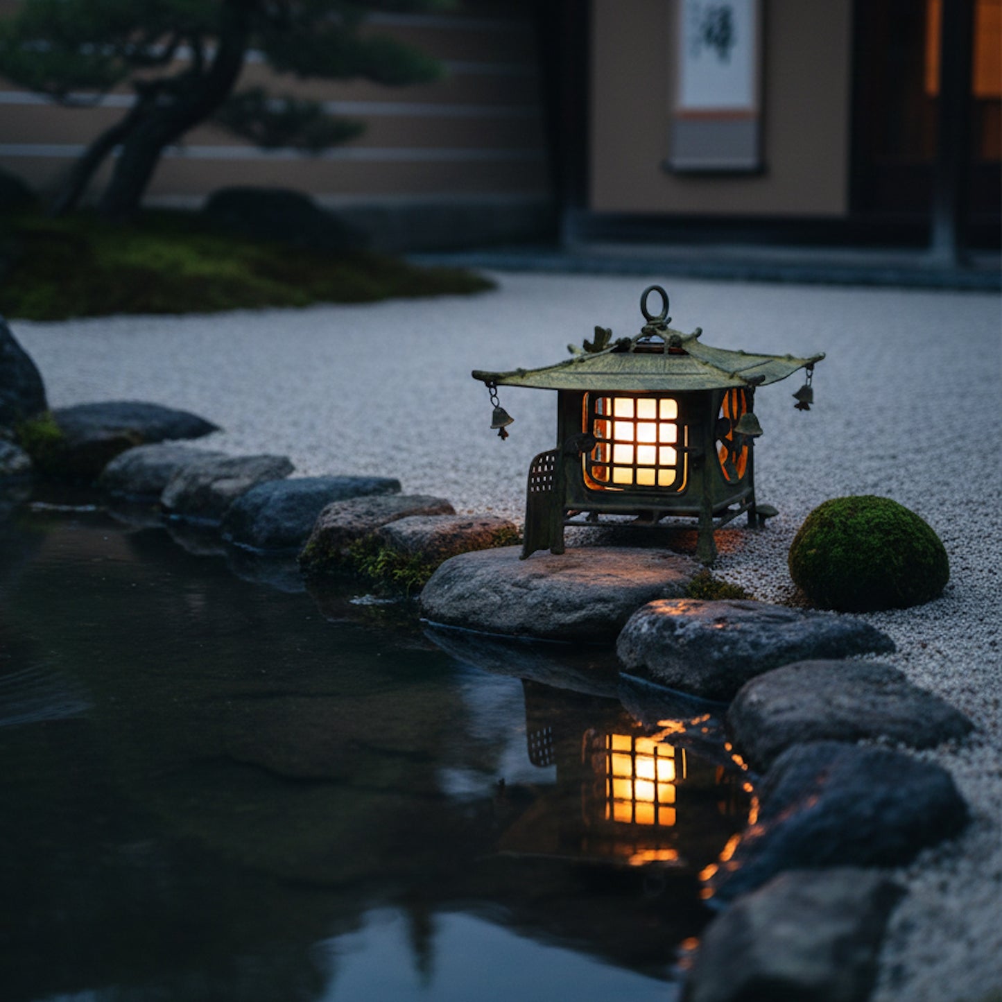 Farol japonés antiguo de bronce iluminado junto a un estanque al atardecer, reflejando una luz cálida en el agua.