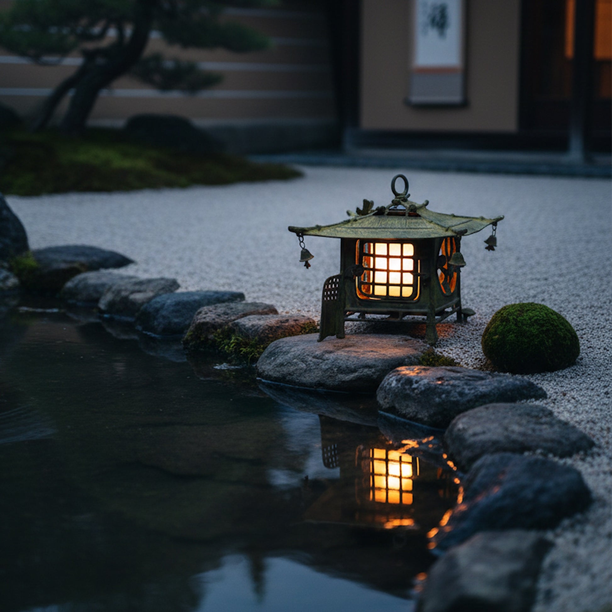 Farol japonés antiguo de bronce iluminado junto a un estanque al atardecer, reflejando una luz cálida en el agua.