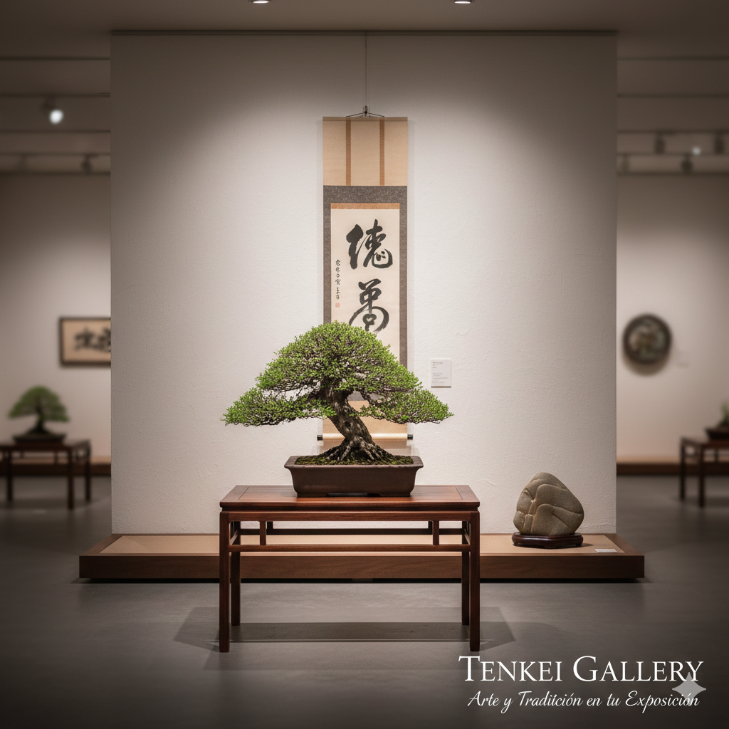 Exposición de bonsai de alta gama sobre  mesa de madera artesanal en la galería de arte Tenkei Gallery