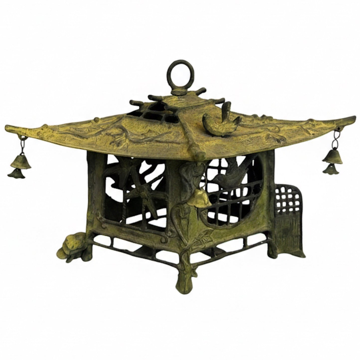 Lámpara de pescador japonesa antigua en bronce fundido sobre fondo blanco - Tenkei Gallery